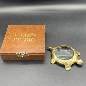 Vintage Brass Turtle Magnifying Glass Box Office Desk Top Tortoise Paperweight